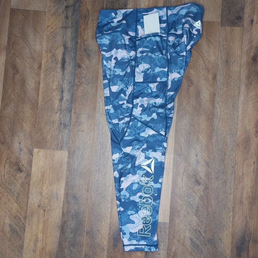 Reebok Precision Womens Large Ankle Leggings Slate Blue Pink Camo - Picture 12 of 16